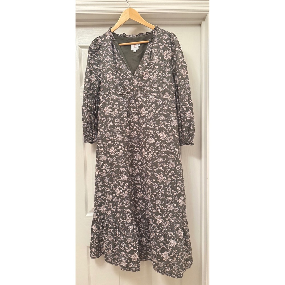 The Nines by Hatch Midi Dress Women Small Olive Green Floral V-Neck Tiered Boho